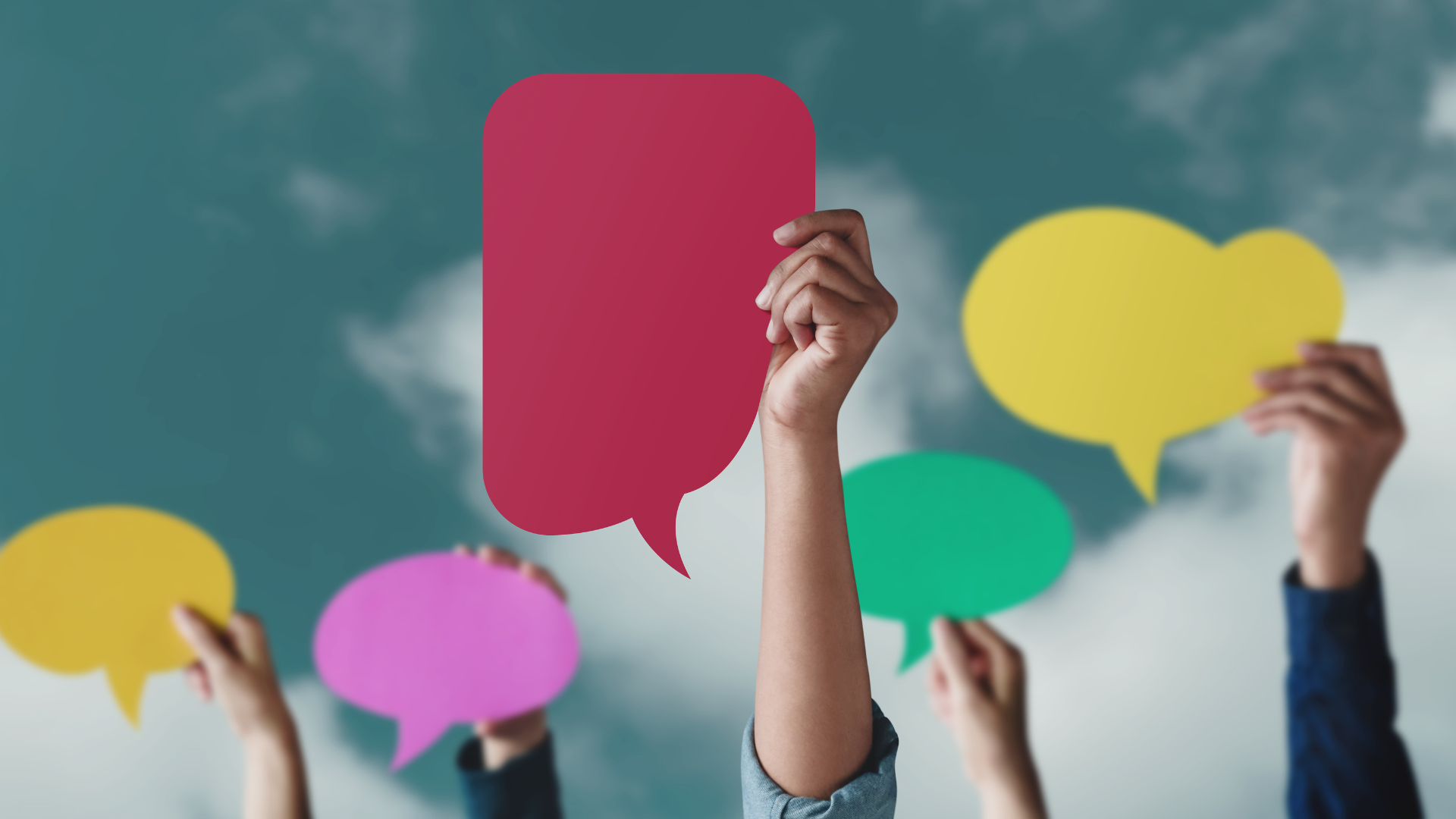Unlock The Power - Let's chat about your Online Presence Exit Plan a group of people holding up speech placeholders, initiating a decision to have a conversation